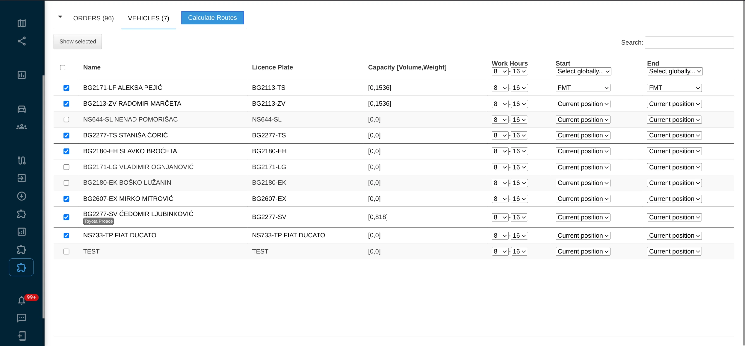 a table with calculate routes